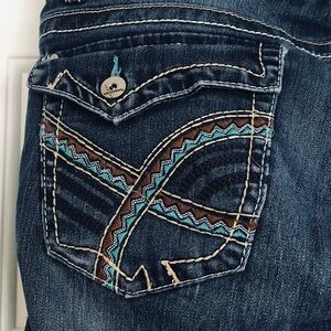 Unionbay Jeans Shorts. Distressed. Brown & Aqua Accents on back pkts. Size 15.